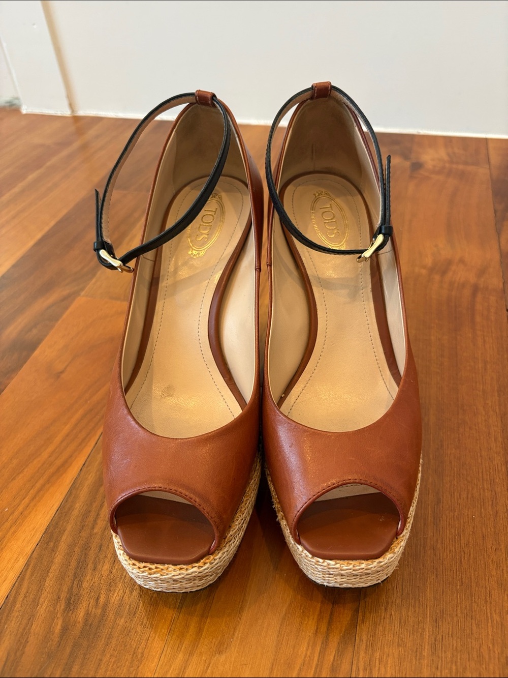 Tod’s Brown Leather Peep-Toe Wedge Sandals with Ankle Strap size 37.5